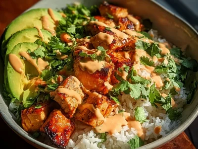 A delicious Coconut Chicken Rice Bowl topped with fresh herbs and colorful vegetables.