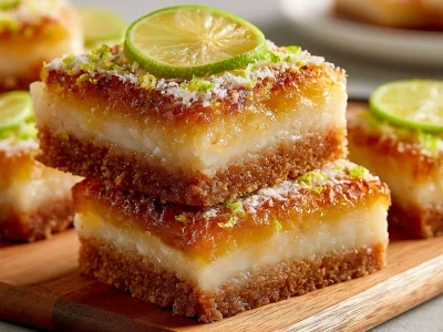 Coconut Lime Bars topped with fresh lime slices on a light plate.