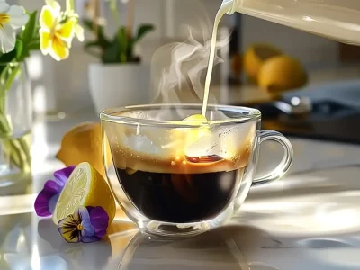 Coffee Loophole in a clear mug with lemon wedge and creamy milk being poured
