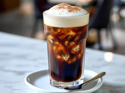 Cold foam recipe topping iced coffee in a clear glass.