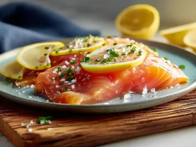 Cold smoked trout fillet with lemon slices and herbs on a ceramic plate
