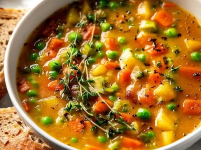 Comforting One-Pot Creamy Vegetable Soup with carrots, peas, and herbs in a golden creamy broth