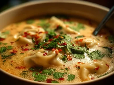 Bowl of comforting Thai Potsticker Soup with vibrant ingredients