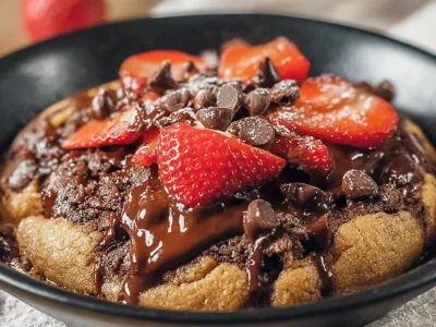 Delicious cookie dough next to chocolate-dipped strawberries on a plate