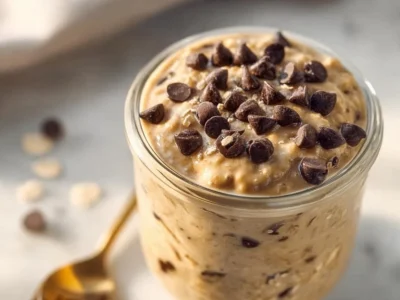 Delicious bowl of Cookie Dough Overnight Oats topped with chocolate chips