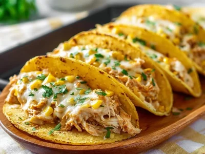 Delicious corn tortilla white chicken chili tacos served on a plate