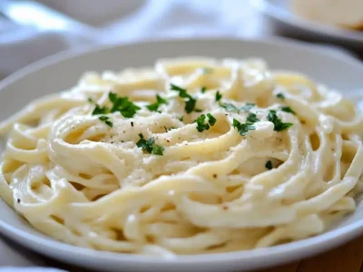 Creamy cottage cheese Alfredo pasta garnished with parsley on a white plate