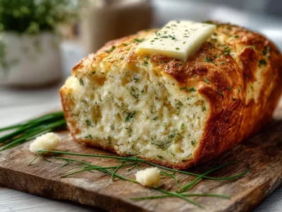 Two slices of cottage cheese bread on a wooden cutting board