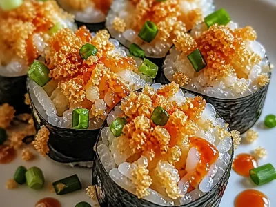 Delicious crab rangoon sushi roll featuring creamy crab and cheese.