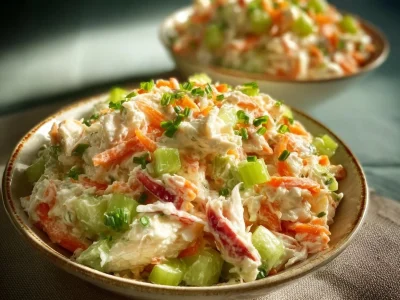 Fresh crab salad with vegetables, herbs, and dressing served in a bowl