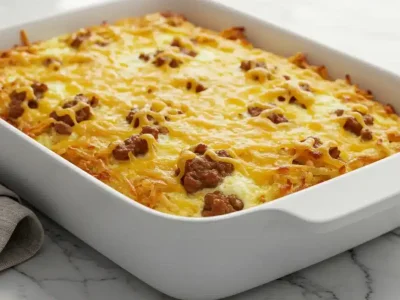 The Best Crack Breakfast Casserole – Easy, Cheesy & Crowd-Pleasing A golden-baked Crack Breakfast Casserole in a white ceramic dish on a marble surface
