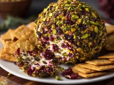 Vegan cranberry cheese ball served with crackers and garnished with herbs
