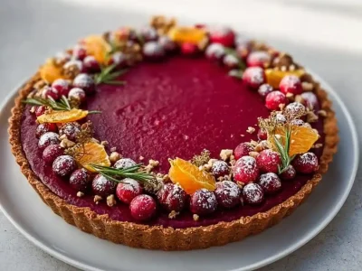 Vegan cranberry curd tart with fresh cranberries and a flaky crust
