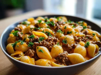 Creamy beef and shells pasta dish served in a bowl with herbs.