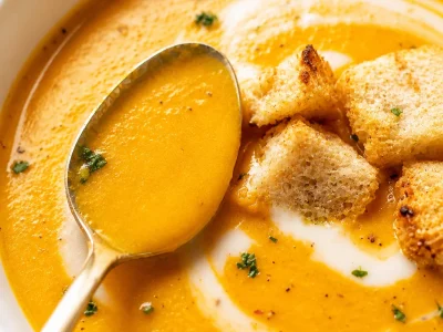 Bowl of creamy carrot ginger soup garnished with fresh herbs on a rustic table.