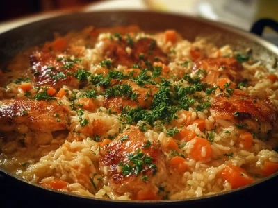 Creamy chicken and rice dish served in a bowl with herbs garnishing