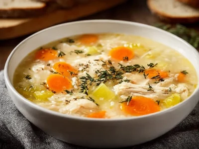 A bowl of creamy chicken and rice soup, garnished with herbs.