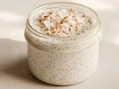 Creamy coconut chia pudding served in a bowl with toppings