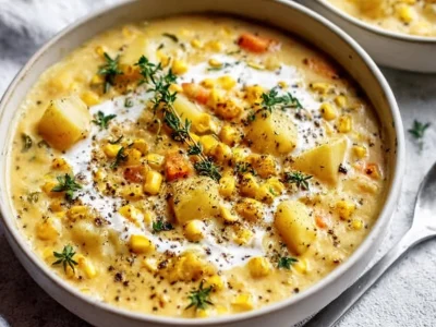 Bowl of creamy corn and potato soup with herbs and fresh ingredients
