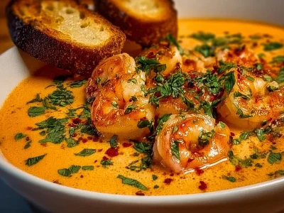 Bowl of creamy crab and shrimp seafood bisque garnished with herbs