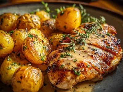 Creamy garlic chicken served with roasted baby potatoes on a plate