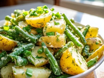 Creamy green bean potato salad with fresh ingredients in a bowl