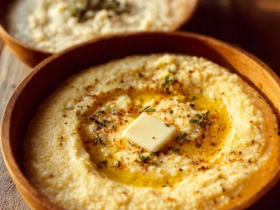 Bowl of creamy grits topped with green onions and butter