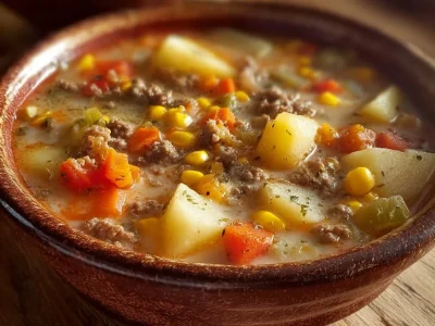 Creamy hamburger potato soup served in a bowl with fresh herbs on top.