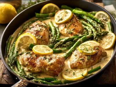 Creamy lemon chicken served with asparagus, a delicious and healthy meal.