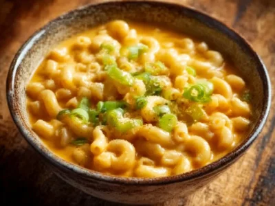 Creamy mac and cheese soup in a bowl with cheese and herbs.