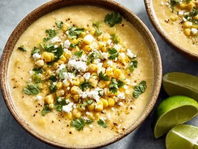 Bowl of creamy Mexican street corn soup topped with cilantro and lime