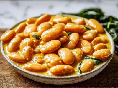 Creamy miso butter beans dish served in a bowl, garnished and ready to eat.