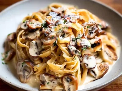 creamy mushroom pasta coated in a silky parmesan sauce with mushrooms