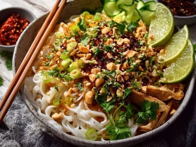 Creamy peanut chicken noodle bowl topped with fresh herbs and vegetables.