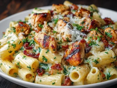 Creamy pesto chicken pasta with fresh basil and chicken pieces