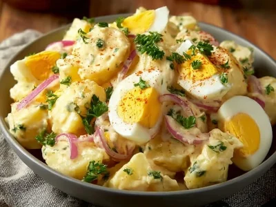 Creamy potato salad with eggs, garnished and served in a bowl.