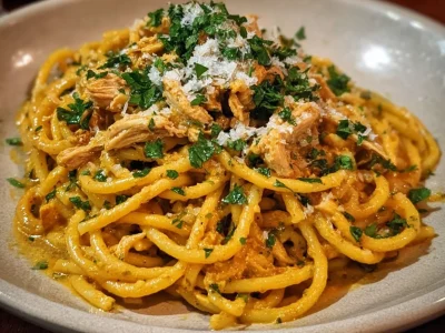 Creamy pumpkin chicken pasta dish with vibrant colors and creamy sauce
