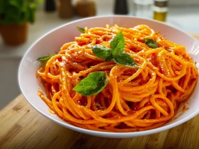 Creamy roasted red pepper pasta sauce served on a plate of spaghetti.