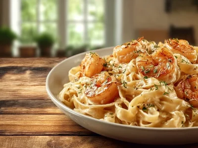 Delicious creamy shrimp fettuccine served in a bowl with parsley garnish