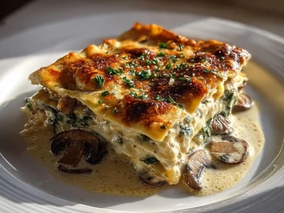 Creamy spinach mushroom lasagna layered with cheese and herbs