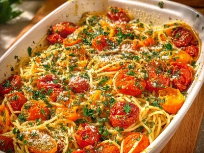 Creamy vegan pesto pasta garnished with roasted cherry tomatoes