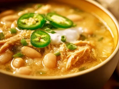 Creamy white bean chicken chili served in a bowl, garnished with herbs.