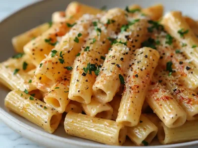 Penne pasta and alfredo sauce served creamy