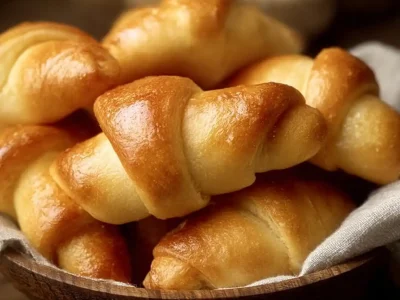 Freshly baked gluten-free crescent rolls on a wooden table
