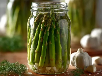 Crisp pickled asparagus in a jar, showcasing vibrant green color and spices.
