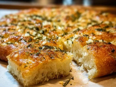 Crispy garlic parmesan focaccia bread with herbs and cheese on wooden table