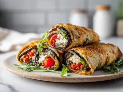 Crispy cheesy eggplant wraps baked with golden cheese