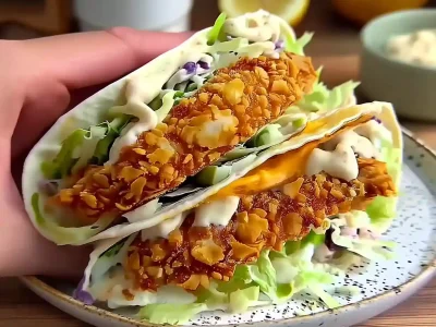 crispy chicken burger folded wrap with melted cheese and lettuce