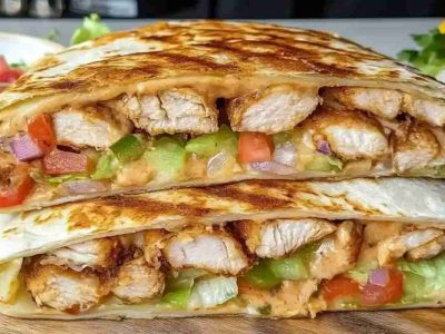 Crispy chicken crunch wrap with melted cheese and grilled chicken, placed on Calacatta marble background