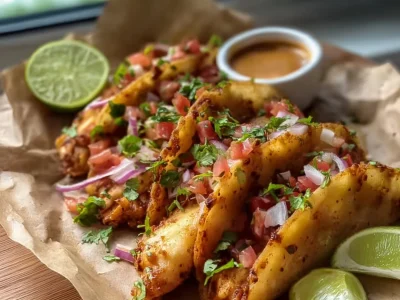Crispy Chipotle Chicken Tacos served with fresh toppings and sauces
